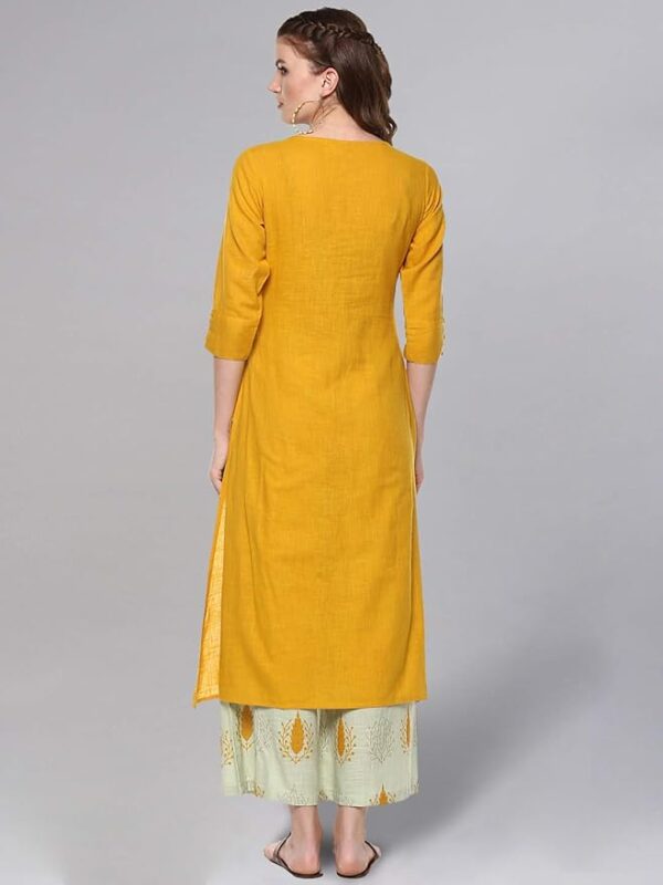 idaLia Ethnic Kurta Set for Women 3/4 Sleeve, Round Neck Cotton A-line Solid Kurta with Palazzo Pant Set - Image 2
