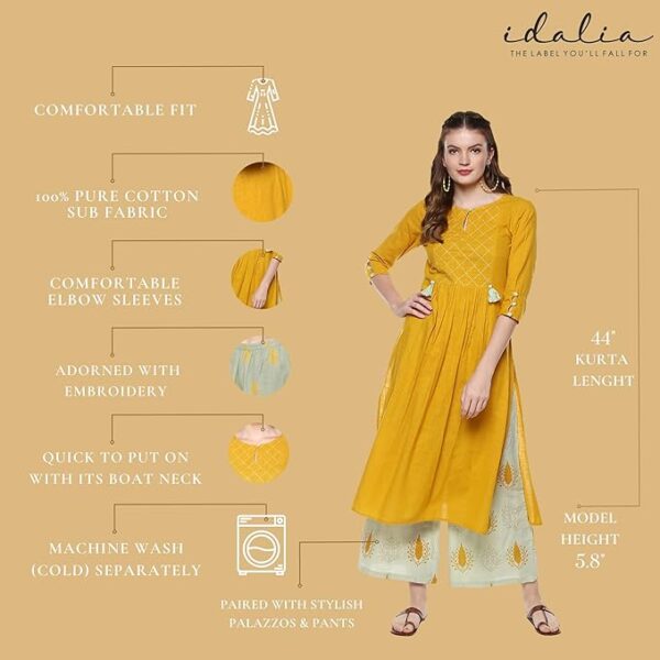 idaLia Ethnic Kurta Set for Women 3/4 Sleeve, Round Neck Cotton A-line Solid Kurta with Palazzo Pant Set - Image 4