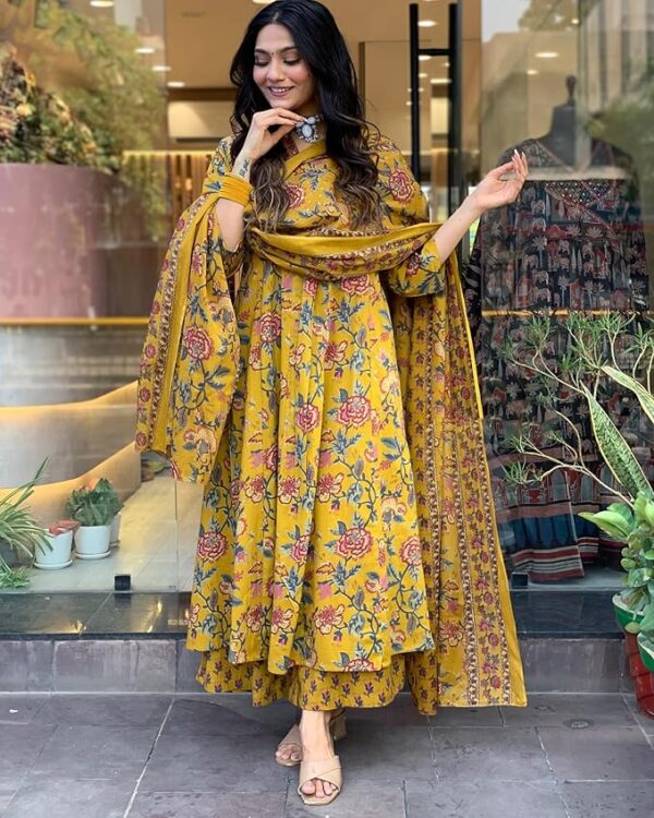 GoSriKi Women's Rayon Viscose Printed Anarkali Kurta with Palazzo & Dupatta