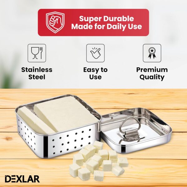 DEXLAR Paneer Maker Steel – Stainless Steel Paneer Maker Mould Press, Medium Size, Square Paneer/Tofu Press with Lid, Whey Separator, Size-11.5X11.5X4.5 Centimeters (450ml Capacity)