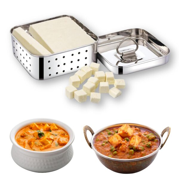 DEXLAR Paneer Maker Steel – Stainless Steel Paneer Maker Mould Press, Medium Size, Square Paneer/Tofu Press with Lid, Whey Separator, Size-11.5X11.5X4.5 Centimeters (450ml Capacity) - Image 2