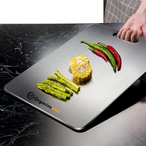 OrganizeMee Large Stainless Steel Cutting Board for Kitchen - Premium Vegetable and Fruit Cutter, Heavy-Duty Metal Chopping Board, Big Size Pad (36 cm X 25 cm) - Image 2