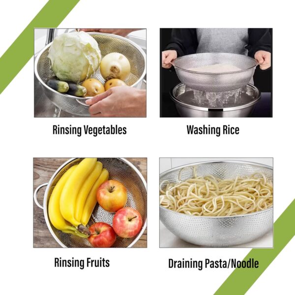 FRESHOME Multipurpose Stainless Steel Collander Strainer for Washing Rice, Fruits, Vegetables and Grains to Filter Easily in The Kitchen Bowl (Large) 31x10 Centimeter, Silver - Image 4