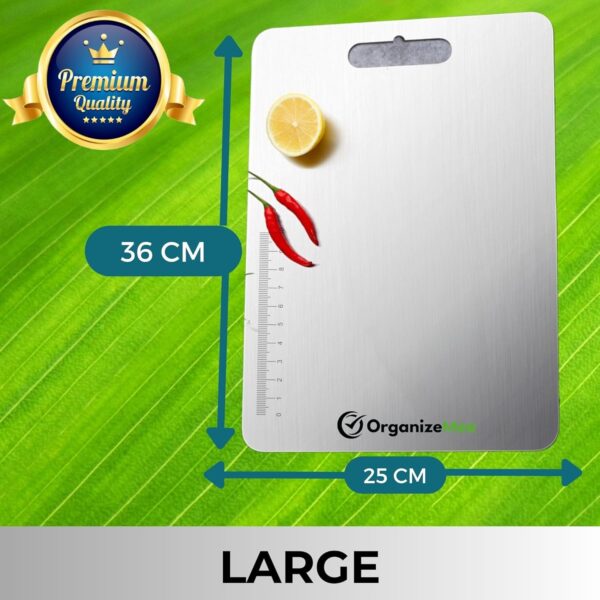 OrganizeMee Large Stainless Steel Cutting Board for Kitchen - Premium Vegetable and Fruit Cutter, Heavy-Duty Metal Chopping Board, Big Size Pad (36 cm X 25 cm) - Image 4